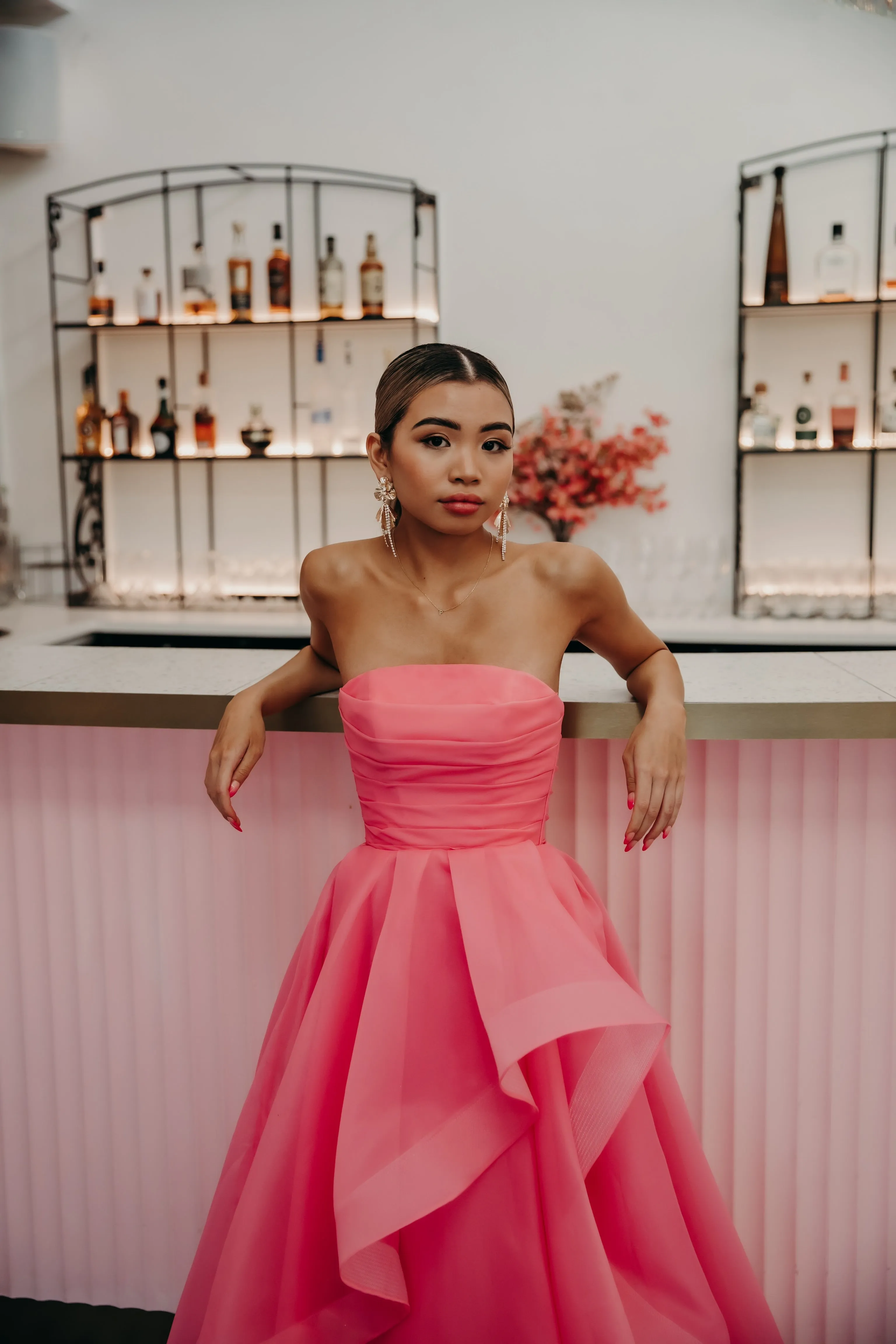 Hot Pink Organza ruffled dress with lace up back