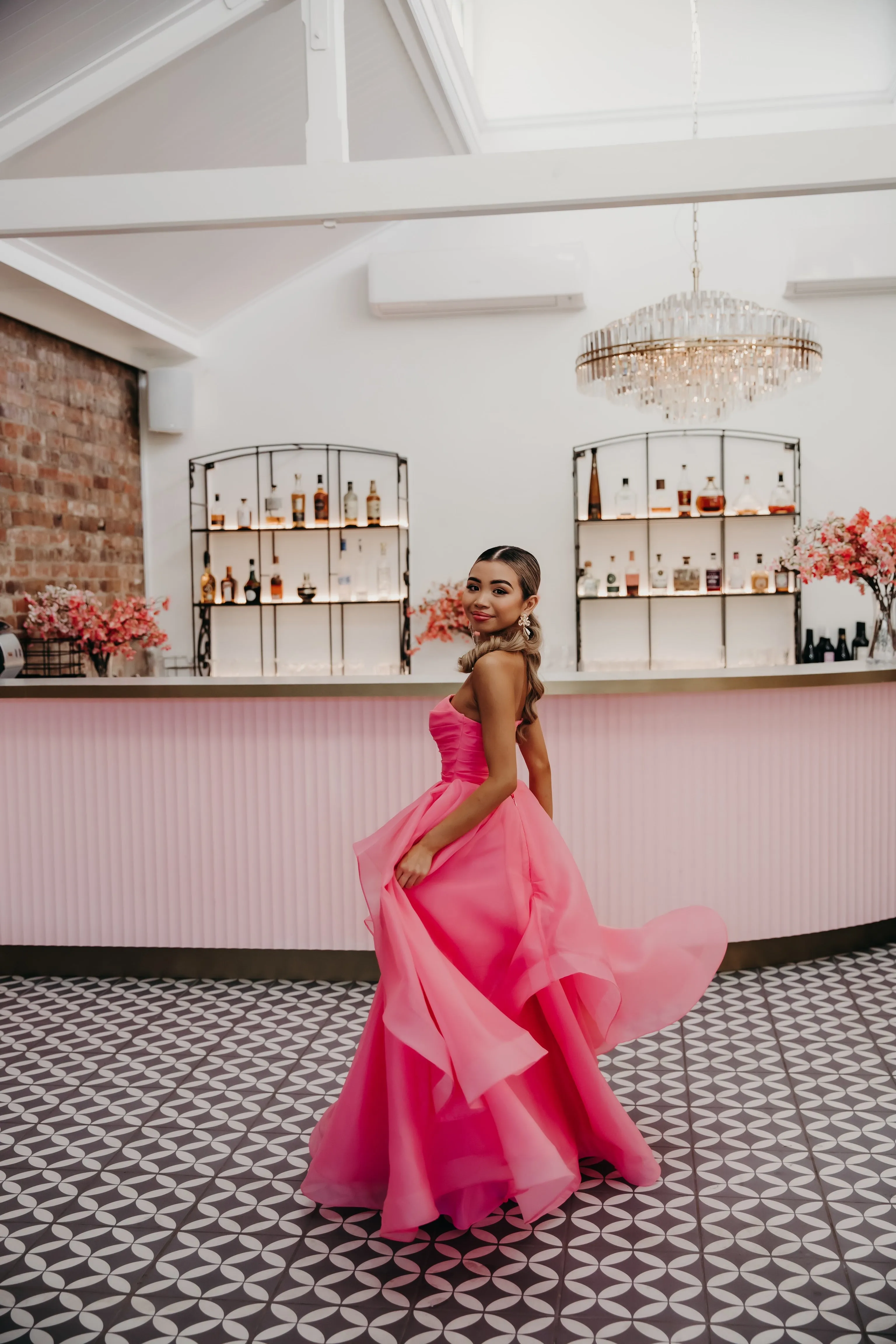 Hot Pink Organza ruffled dress with lace up back