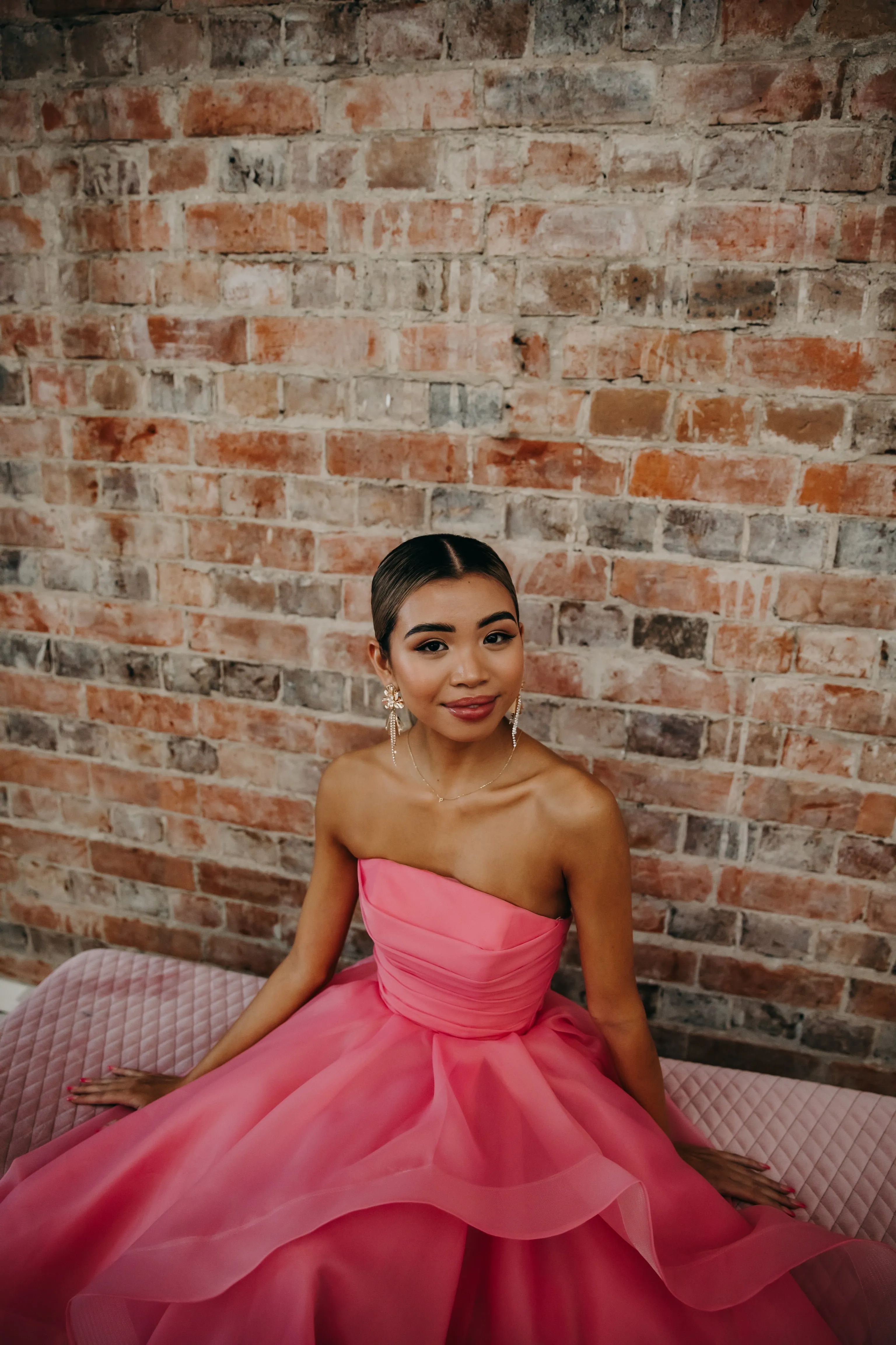 Hot Pink Organza ruffled dress with lace up back