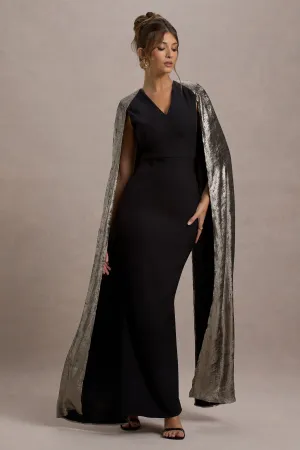 Ilenia | Black V-Neck Maxi Dress With Metallic Cape