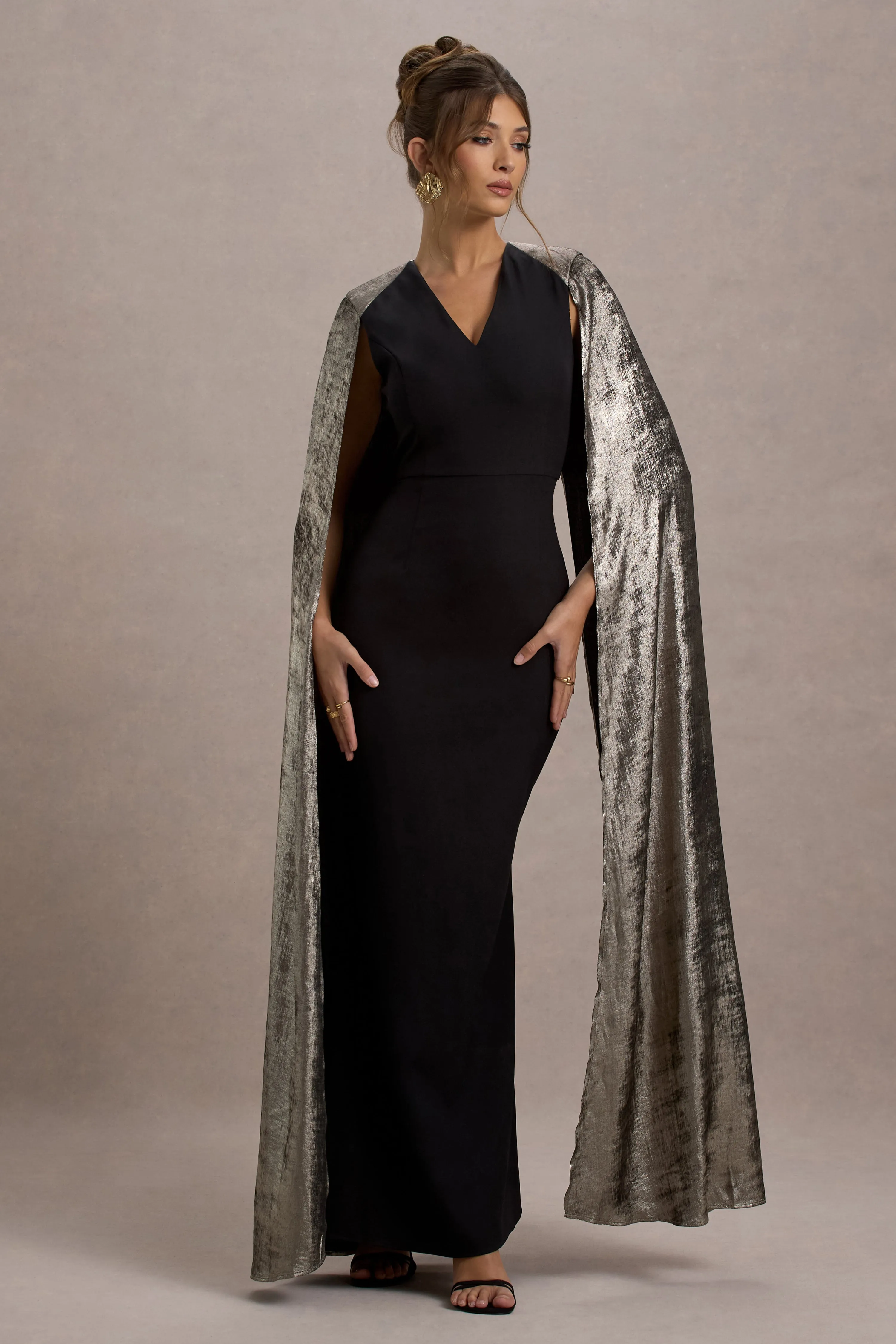 Ilenia | Black V-Neck Maxi Dress With Metallic Cape