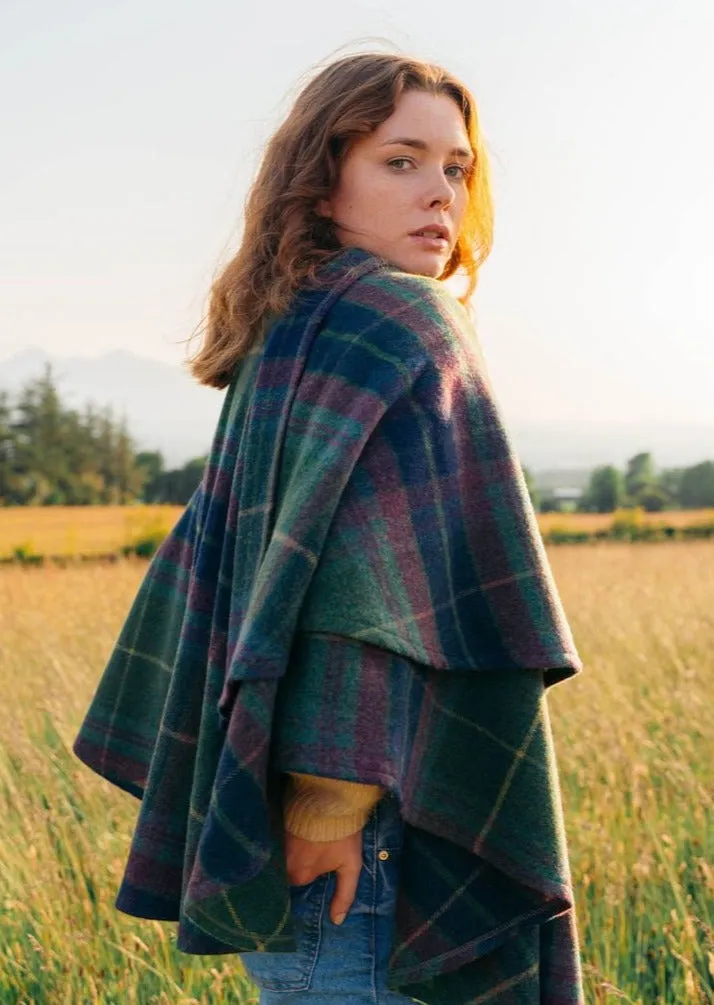 John Hanly Lambswool Cape | Green Navy Purple Plaid