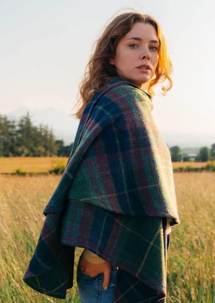 John Hanly Lambswool Cape | Green Navy Purple Plaid