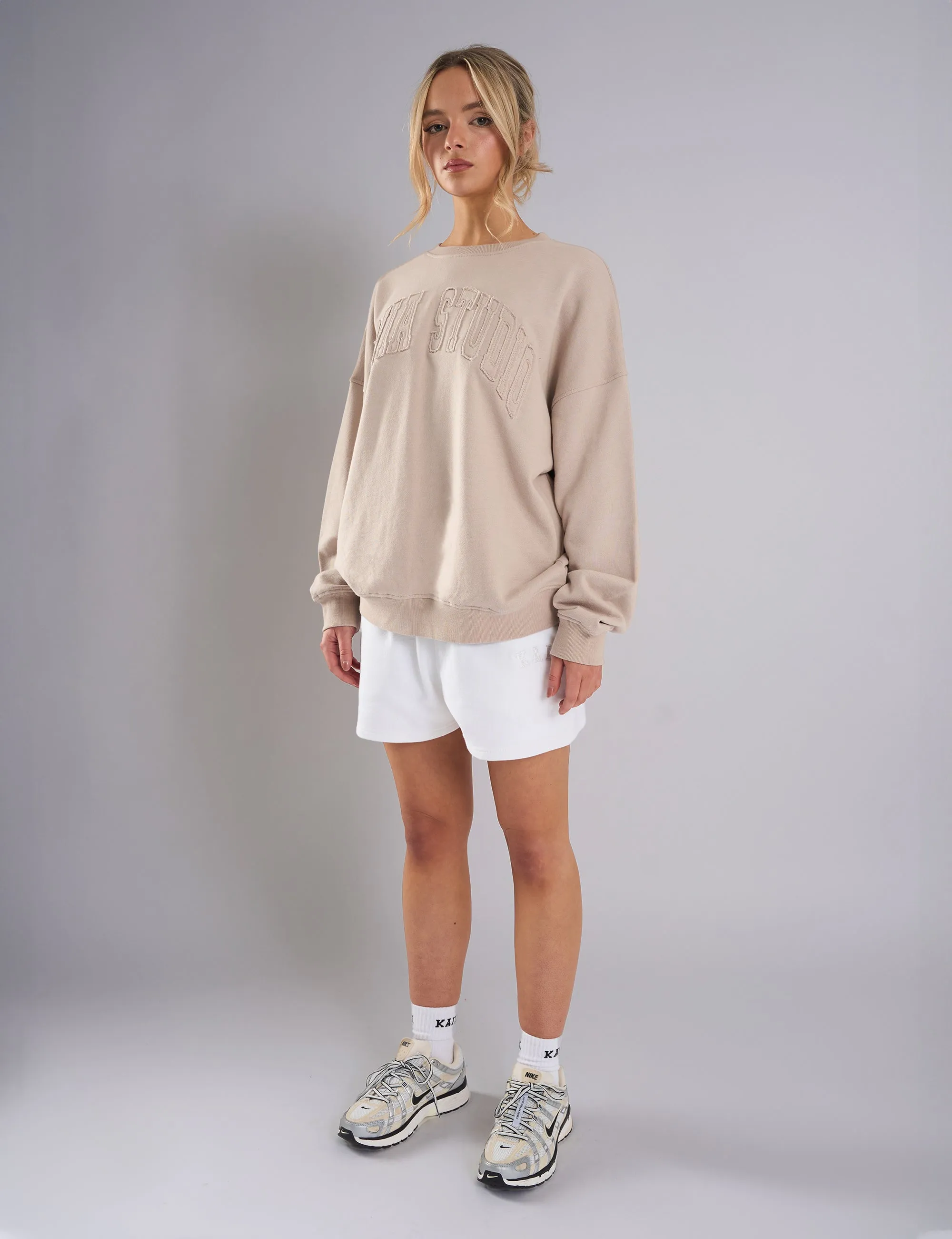 Kaiia Studio Distressed Applique Sweatshirt Stone