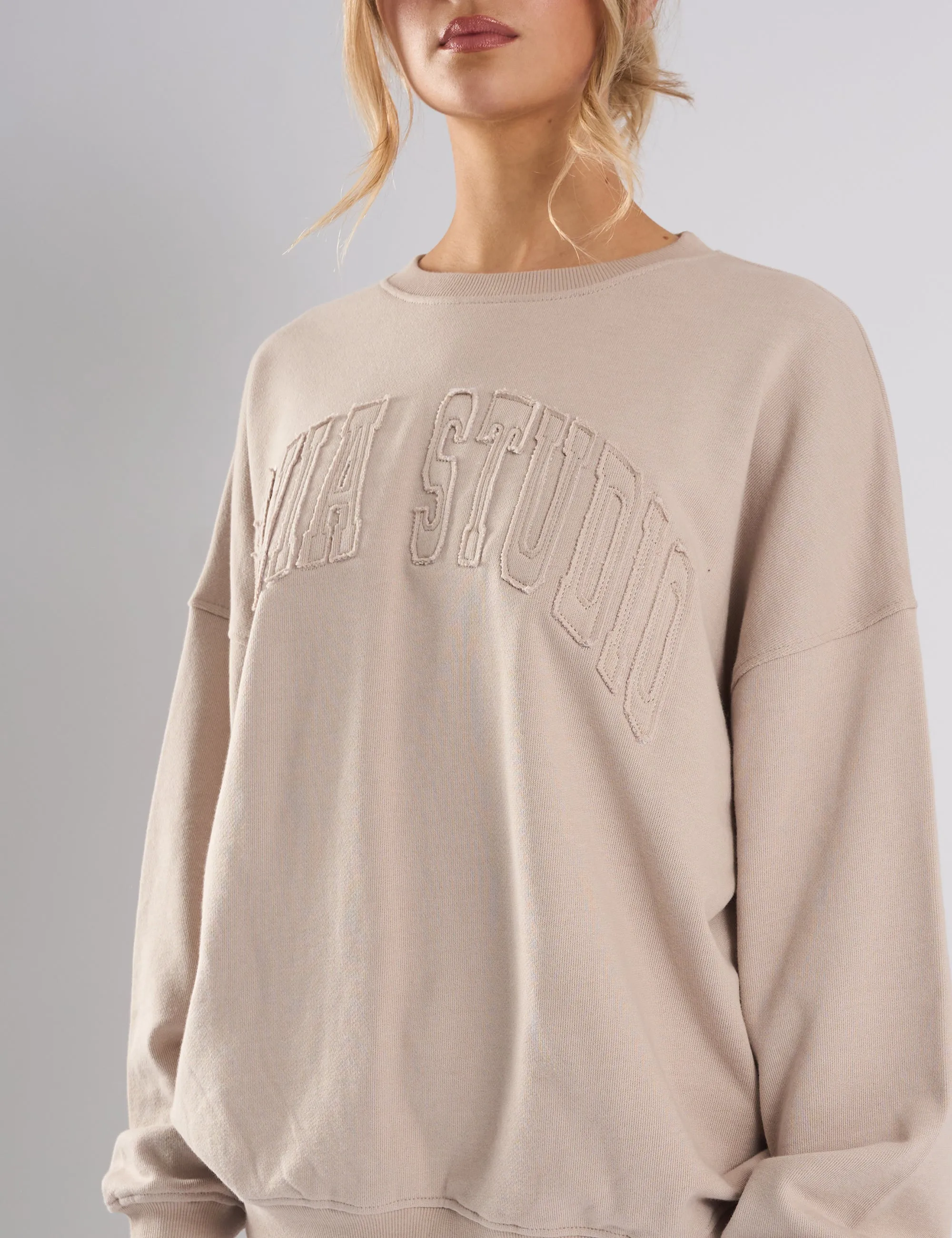 Kaiia Studio Distressed Applique Sweatshirt Stone