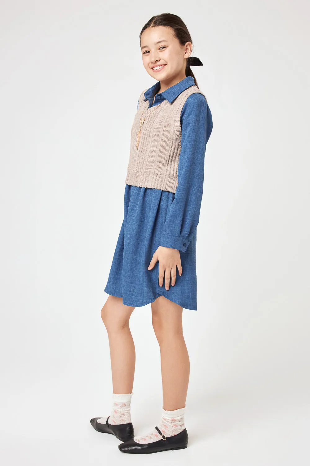 Kids Denim Dress & Sweater Vest Set