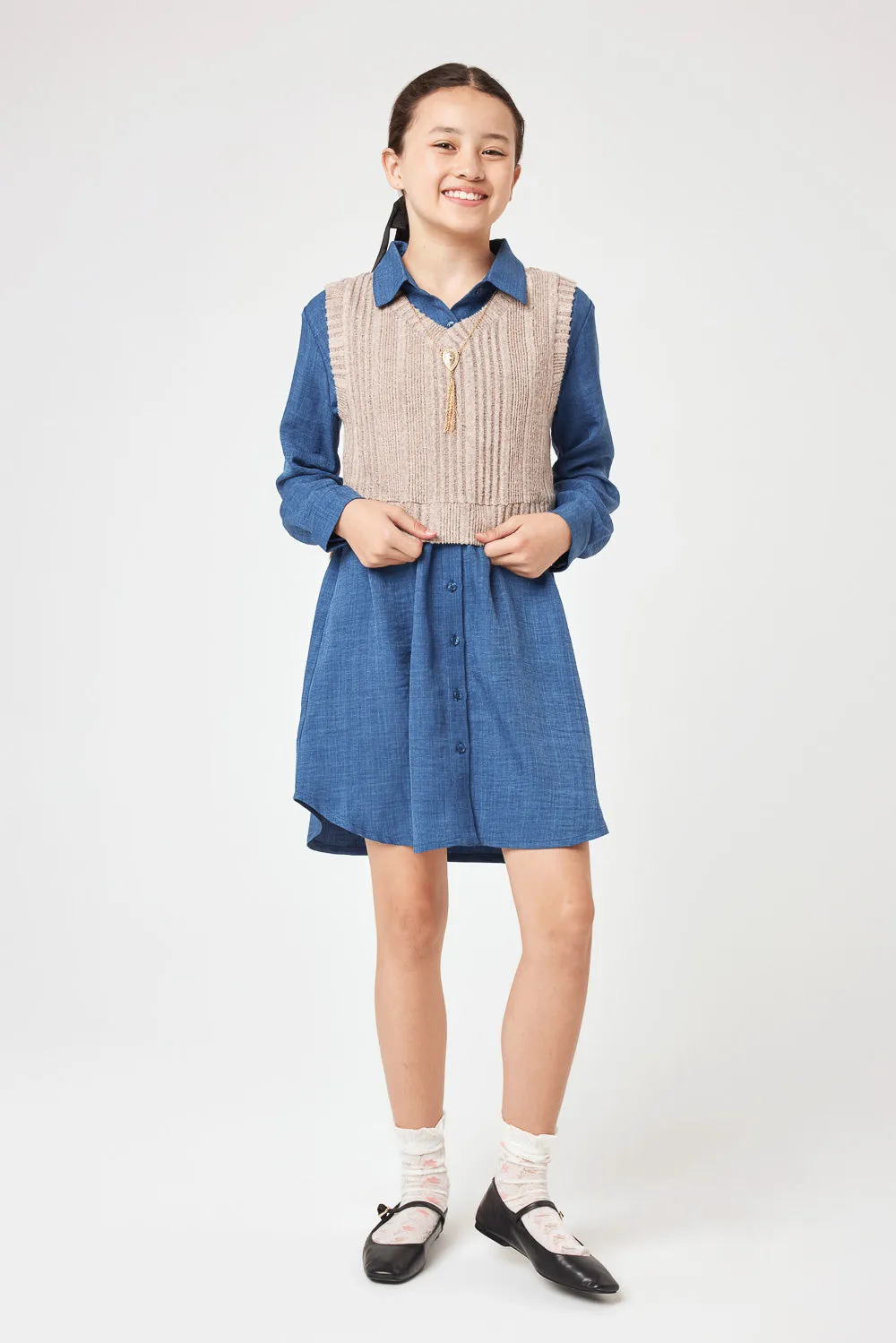 Kids Denim Dress & Sweater Vest Set