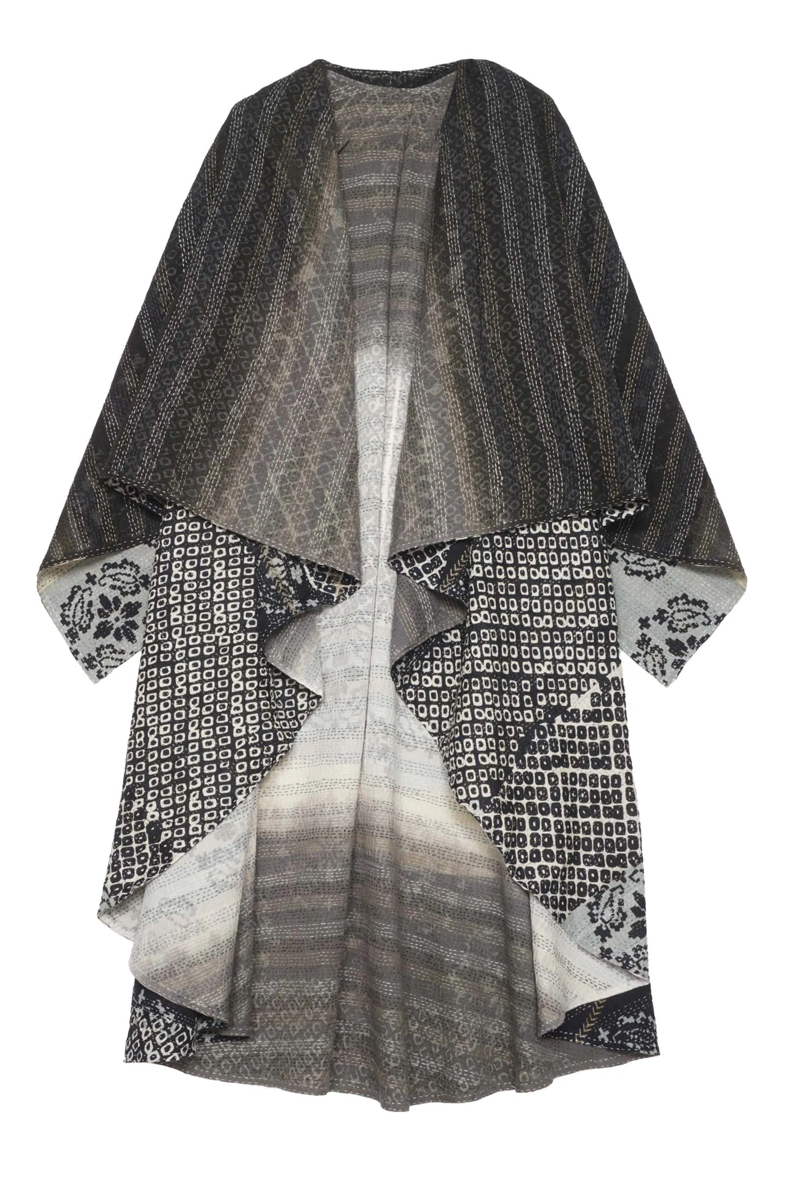 KIMONO COTTON KANTHA CAPE VEST - kc2241-blk -