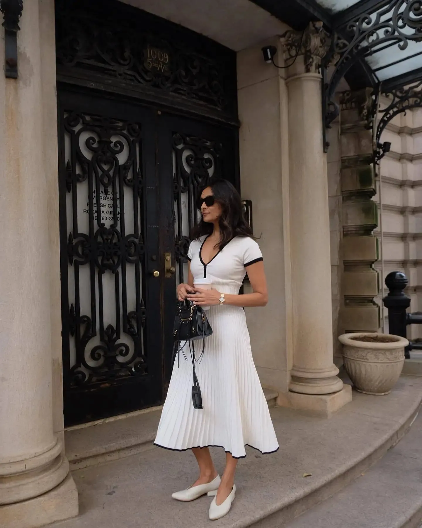 Knit Two Tone Short Sleeve Buttoned Modern Top And Pleated Midi Skirt Set