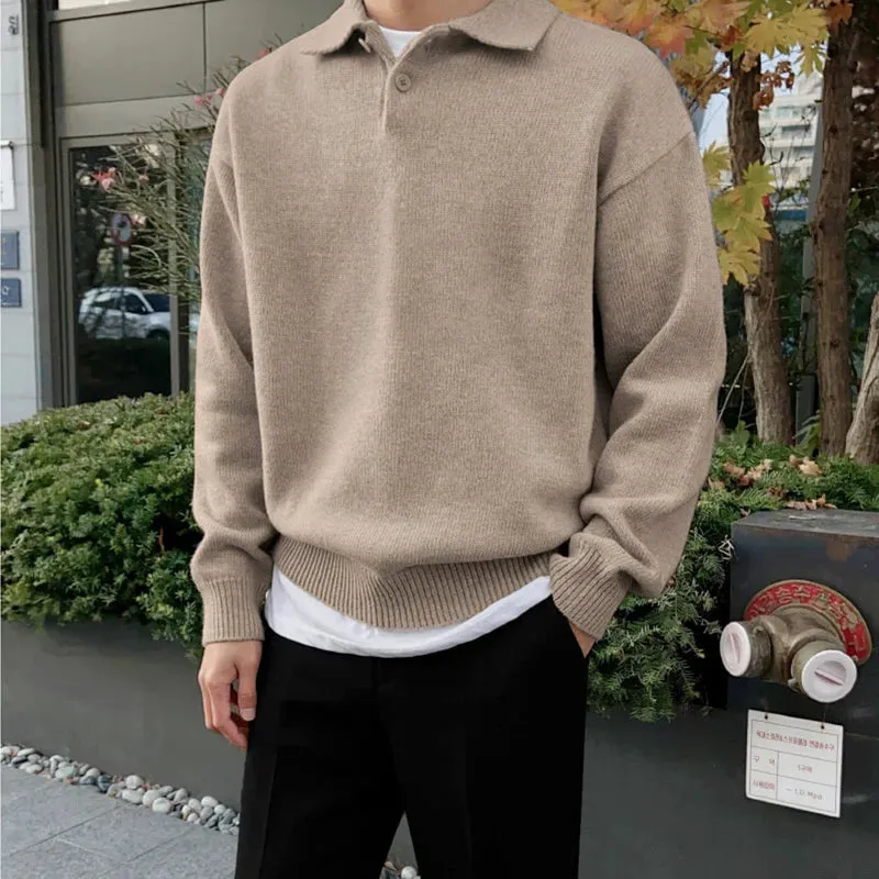 Korean Fashion Chic Lapel Pullover Knitting Tops Men's Autumn Winter New Loose Long Sleeve Sweater Vintage Kinttwear