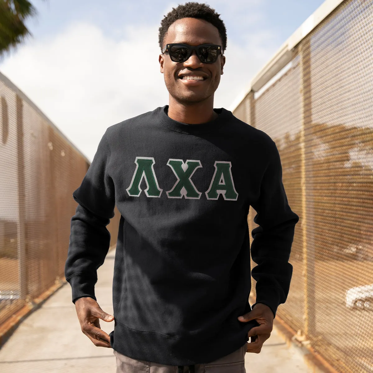 Lambda Chi Black Crew Neck Sweatshirt with Sewn On Letters