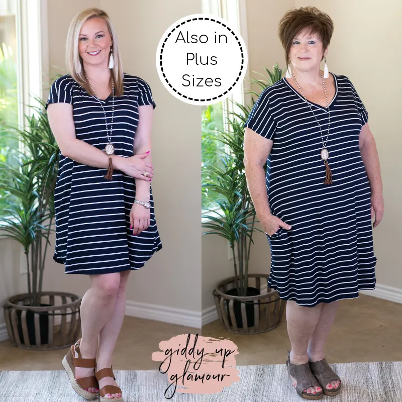 Last Chance Size Small | Beyond Reason Stripe Tee Shirt Dress in Navy Blue