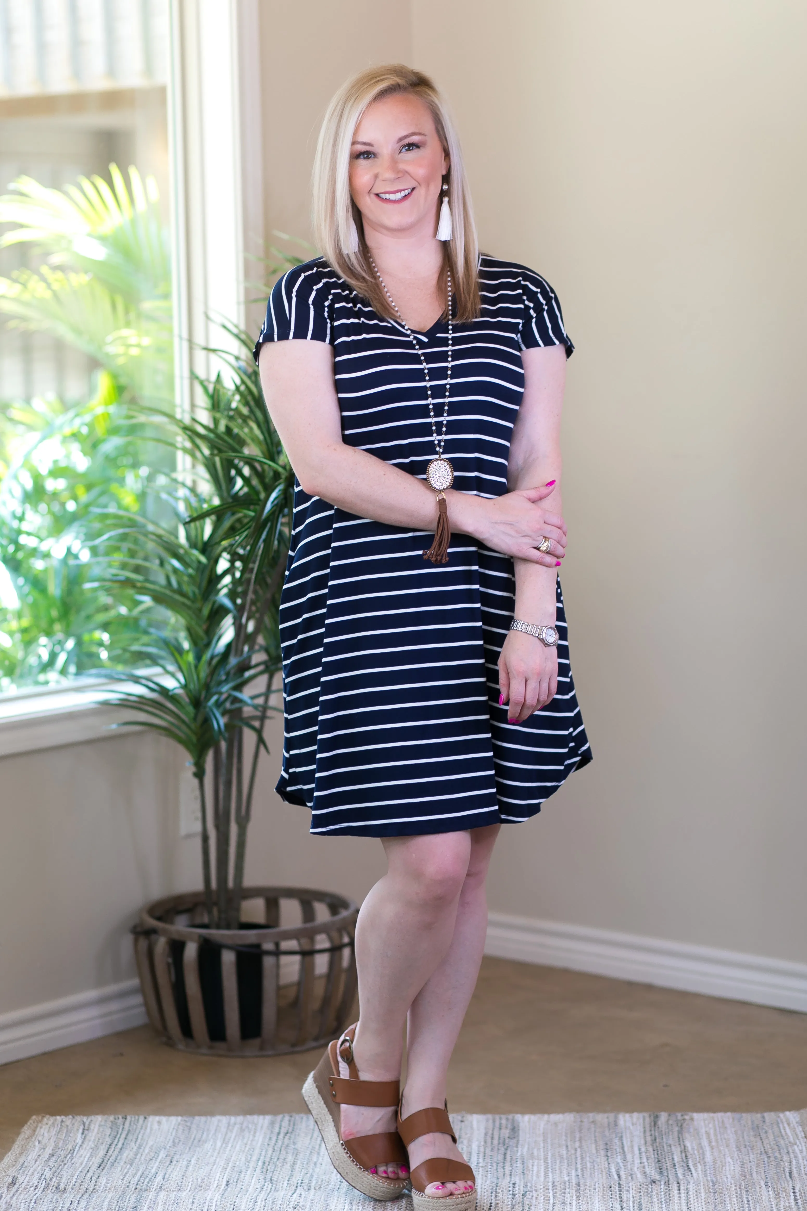 Last Chance Size Small | Beyond Reason Stripe Tee Shirt Dress in Navy Blue