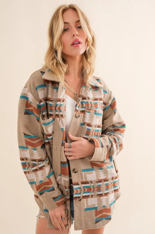 Leah Aztec Shacket (Taupe Teal)