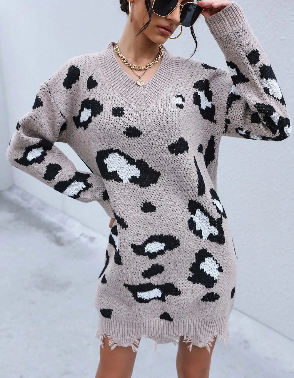 Leopard V Neck Loose Thin Long Sleeve Knit Sweater Dresses