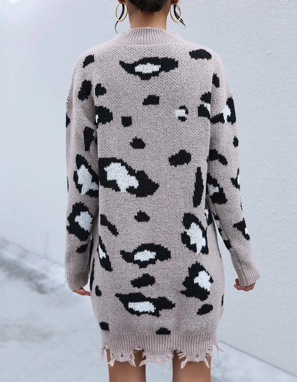 Leopard V Neck Loose Thin Long Sleeve Knit Sweater Dresses