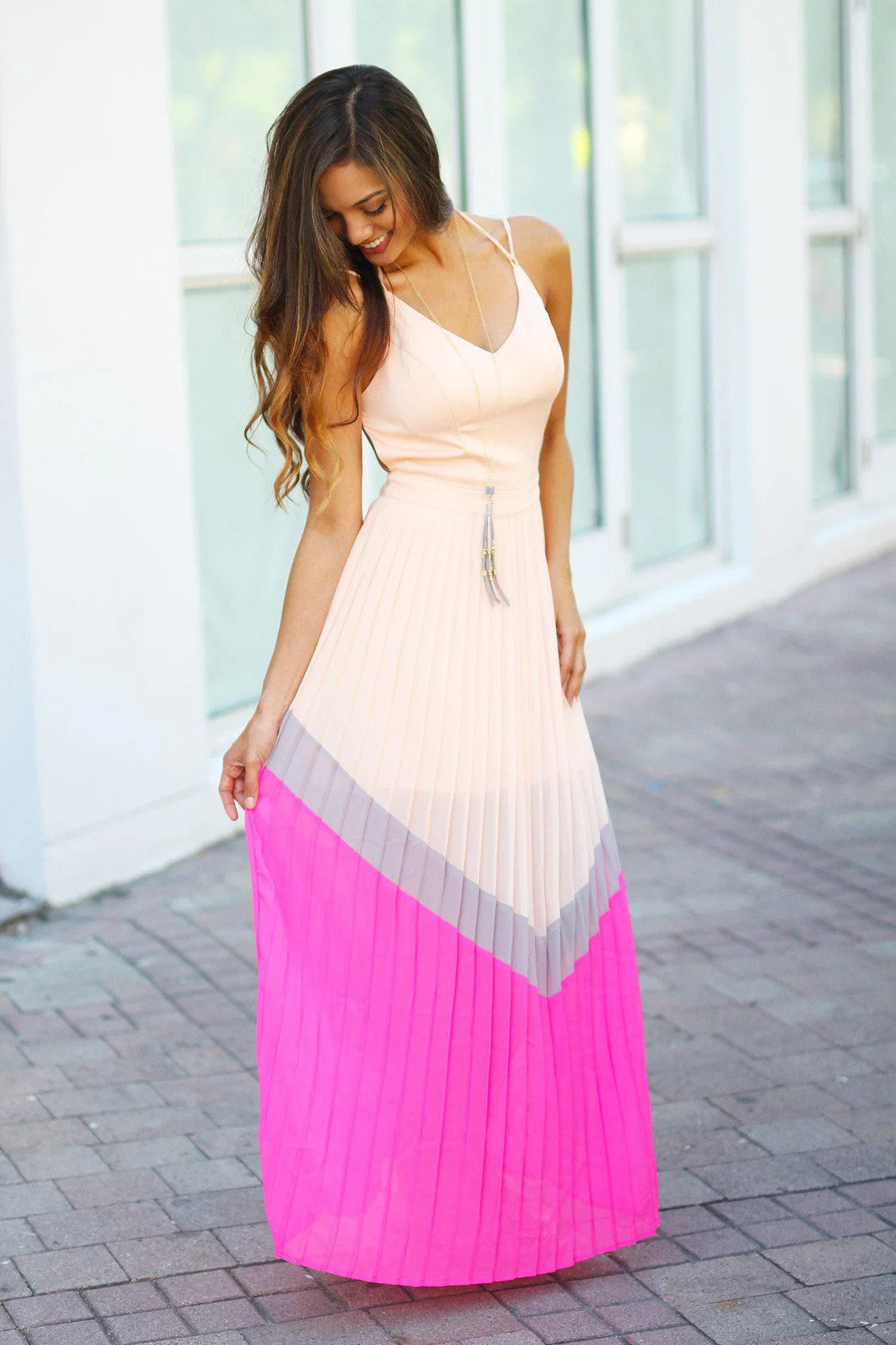 Light Peach Pleated Maxi Dress