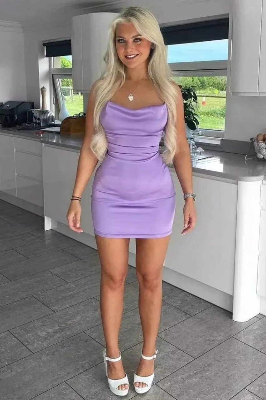 Lilac Satin Lace Up Back Mini Dress