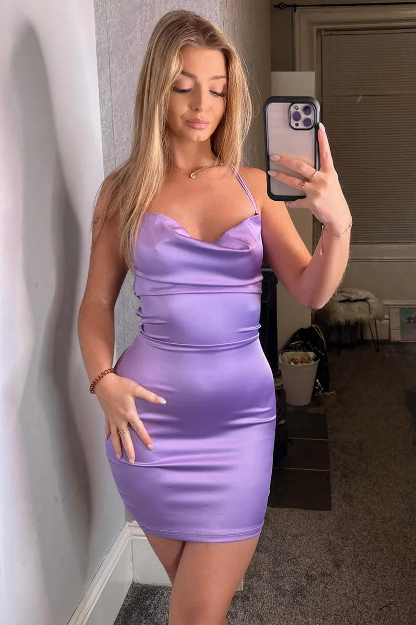 Lilac Satin Lace Up Back Mini Dress