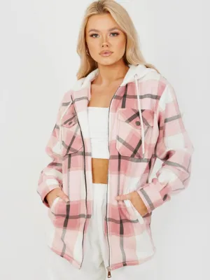 Lisa Thick Checked Shacket With Zip & Hood In Pink