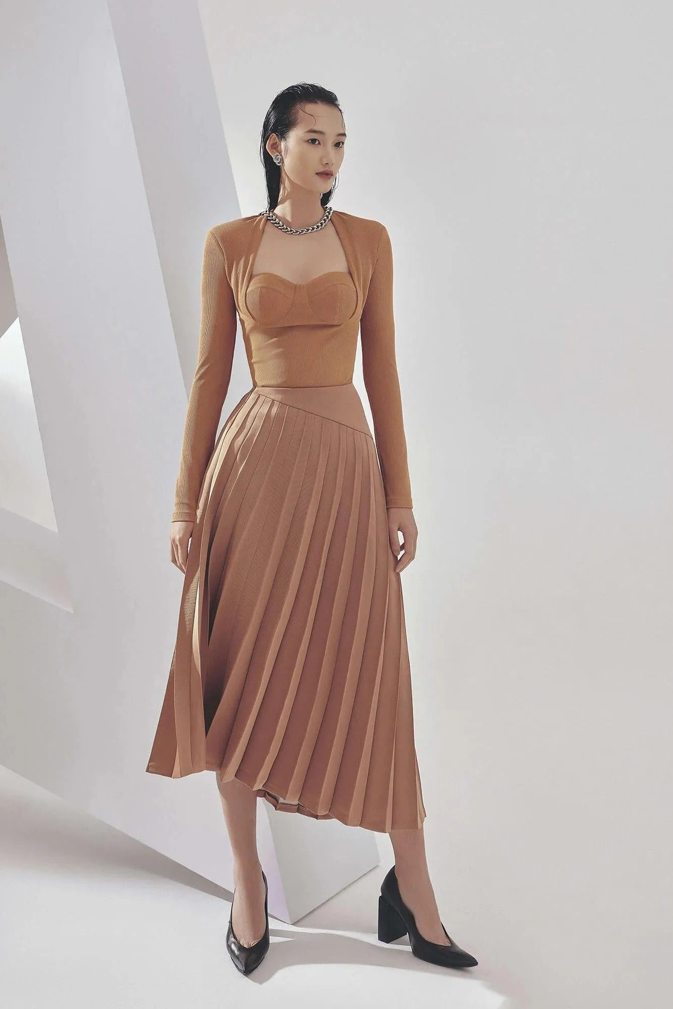 Long midi pleated assymetric pleated skirt - Topaz