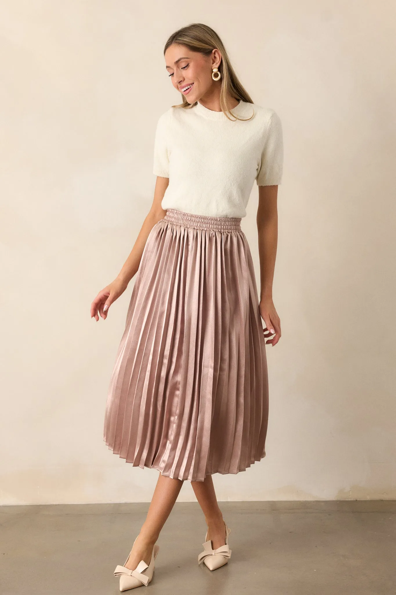 Lost In The Stars Rose Gold Pleated Midi Skirt