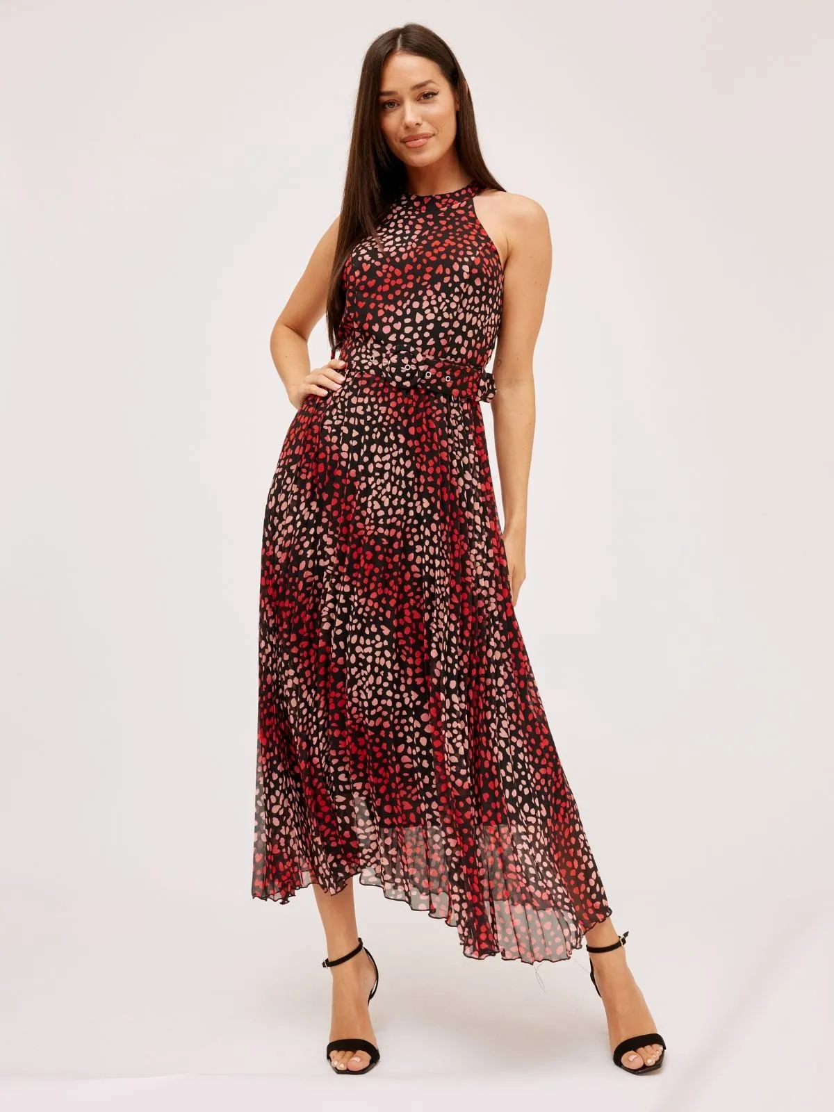 Luisa Belted Pleated Maxi Dress / Multi Black Heart