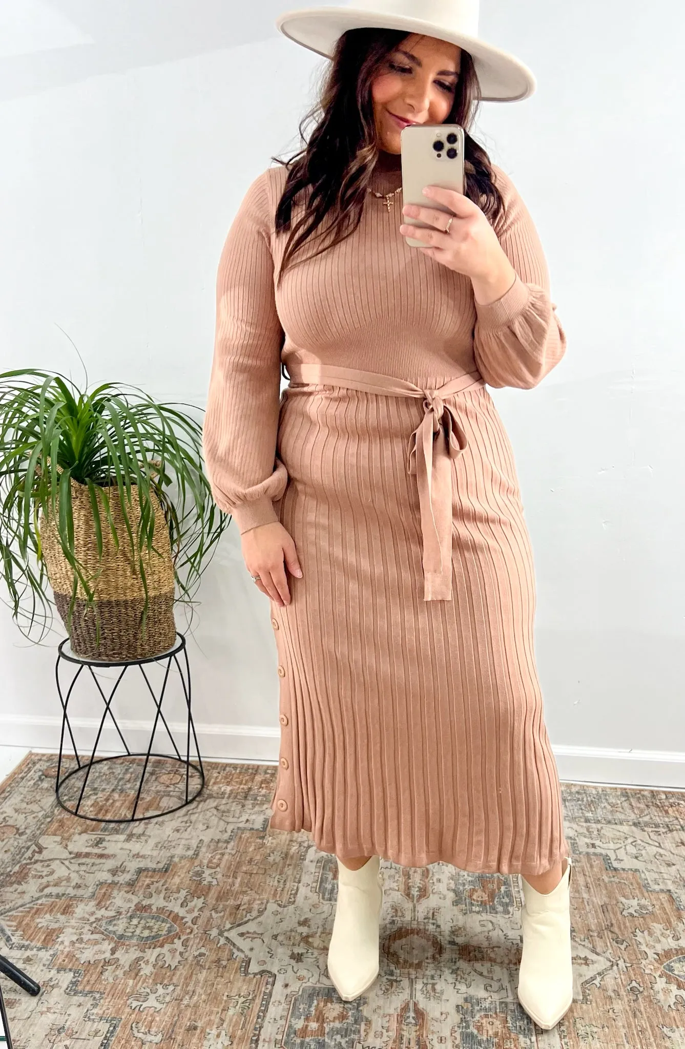 Mauve Tie-Waist Ribbed Sweater Dress