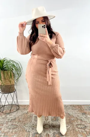 Mauve Tie-Waist Ribbed Sweater Dress