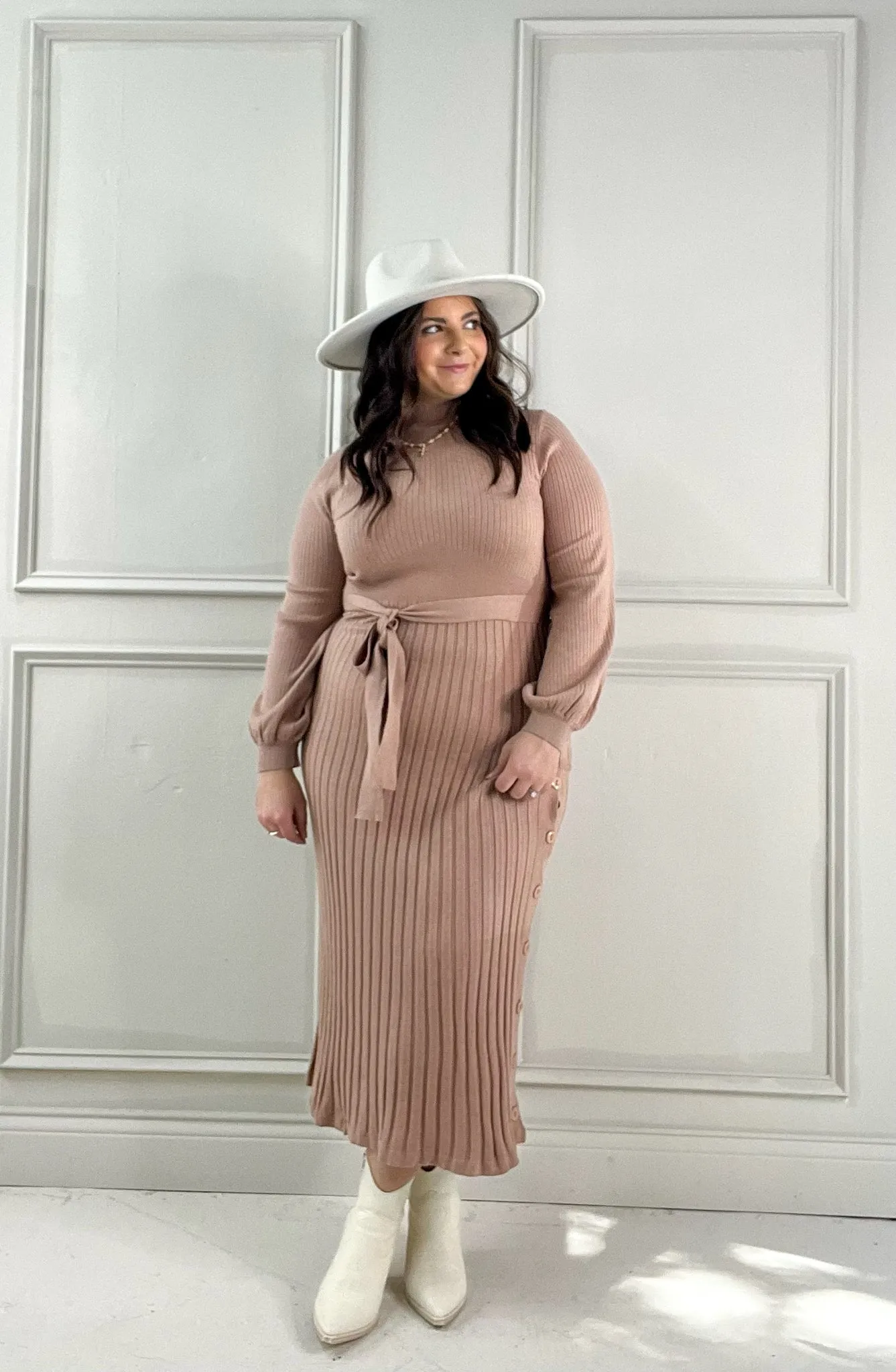 Mauve Tie-Waist Ribbed Sweater Dress