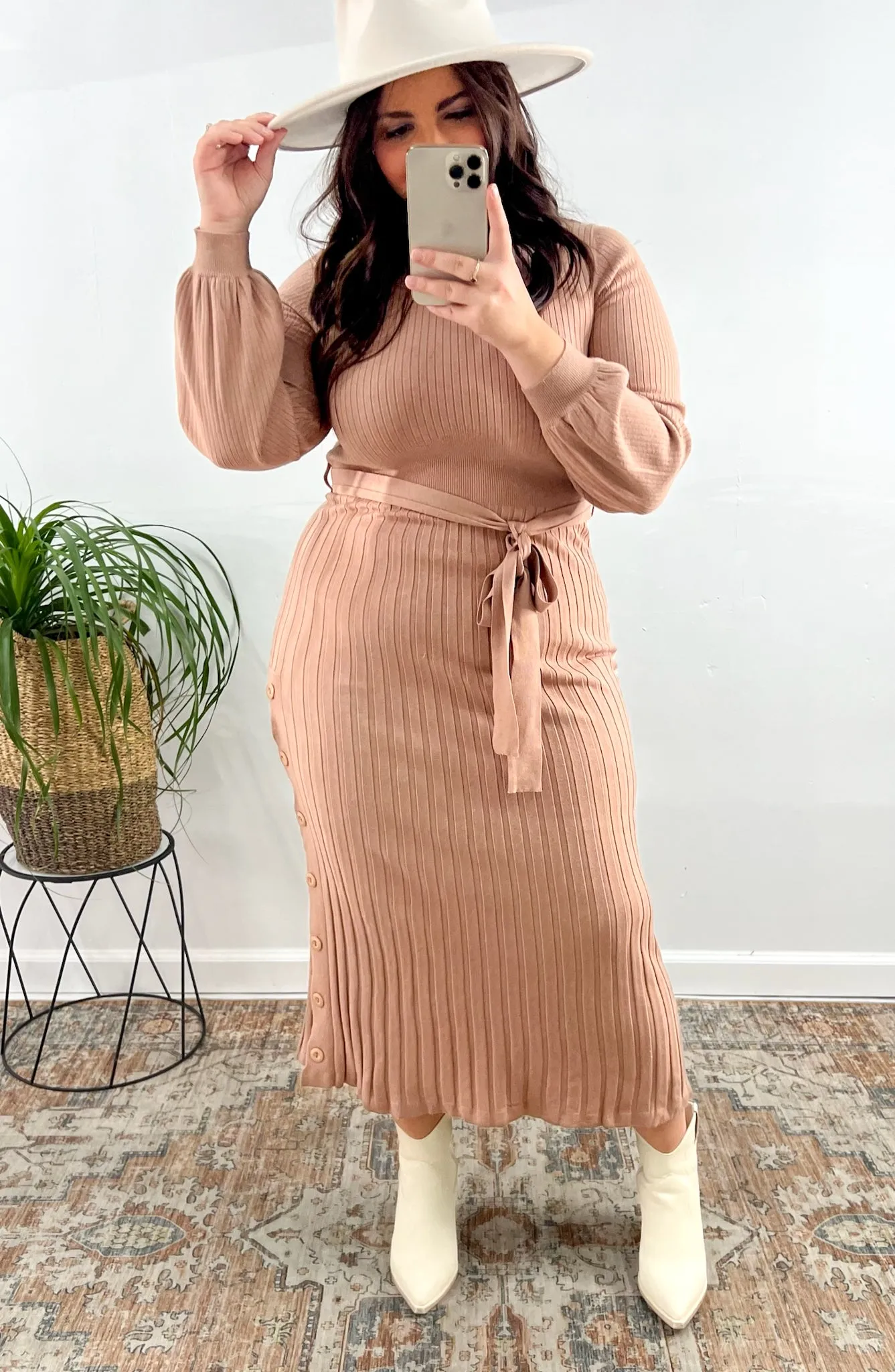 Mauve Tie-Waist Ribbed Sweater Dress