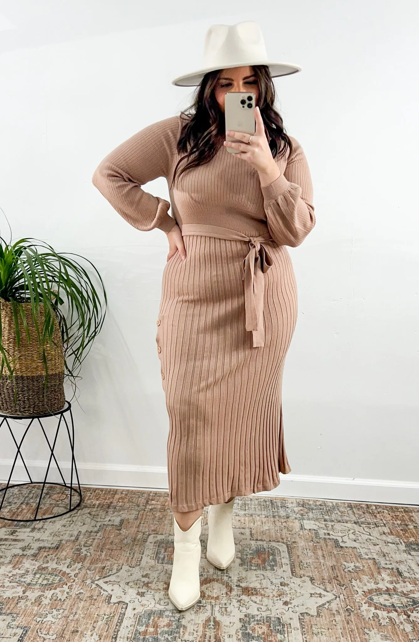 Mauve Tie-Waist Ribbed Sweater Dress