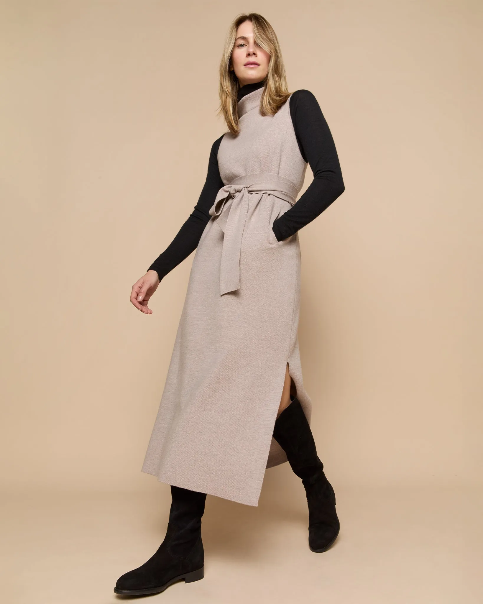 Maya Funnel-Neck Dress in Heather Stone Extra Fine Merino Wool