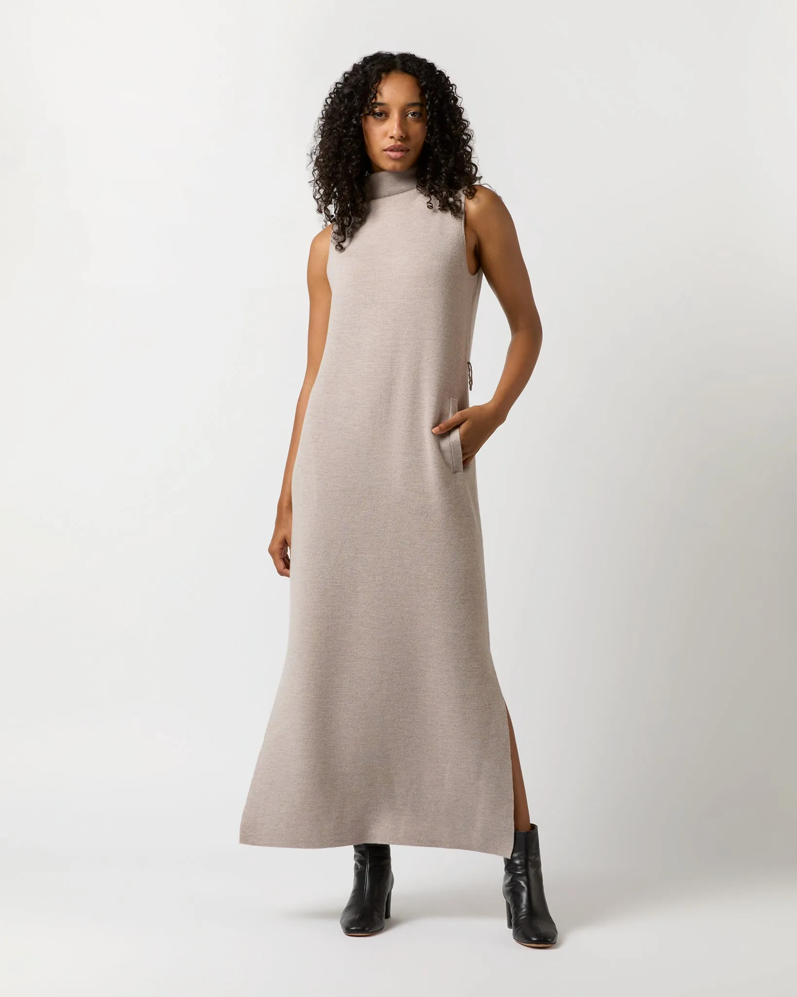 Maya Funnel-Neck Dress in Heather Stone Extra Fine Merino Wool