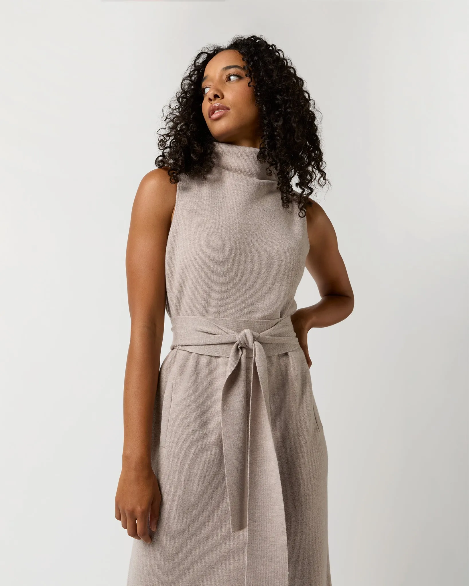 Maya Funnel-Neck Dress in Heather Stone Extra Fine Merino Wool