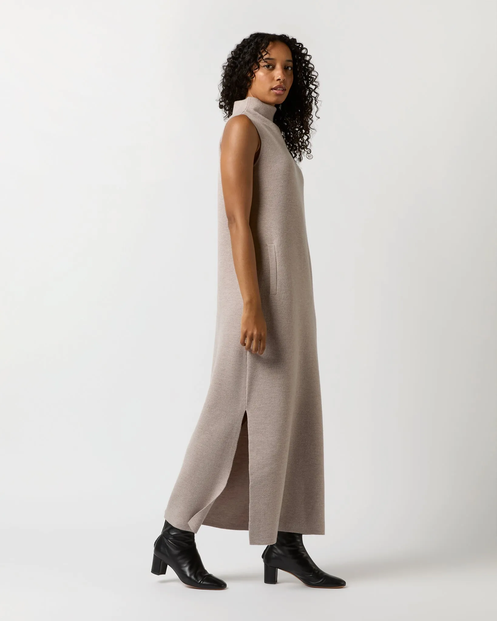 Maya Funnel-Neck Dress in Heather Stone Extra Fine Merino Wool