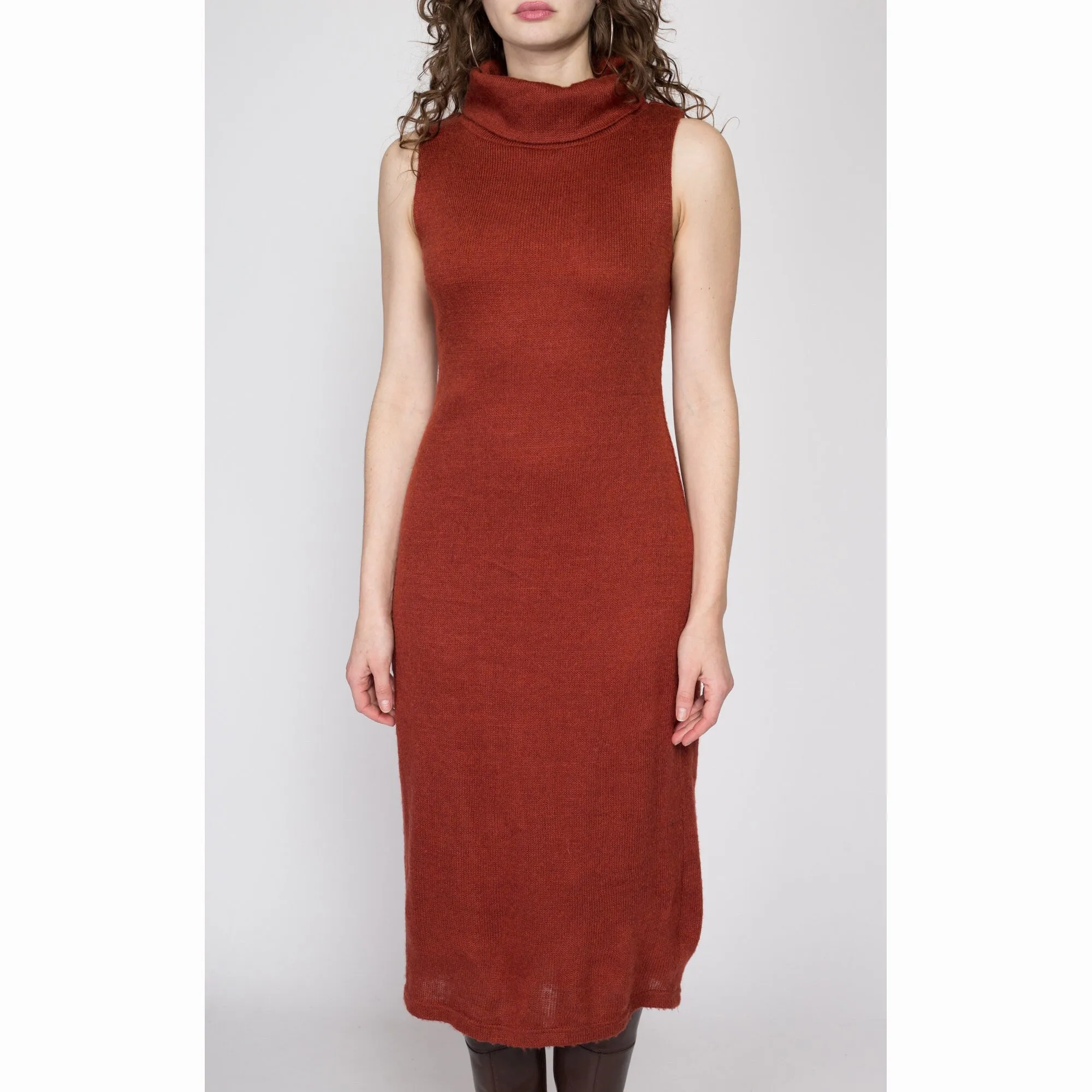 Medium 80s Burnt Orange Knit Turtleneck Sweater Dress