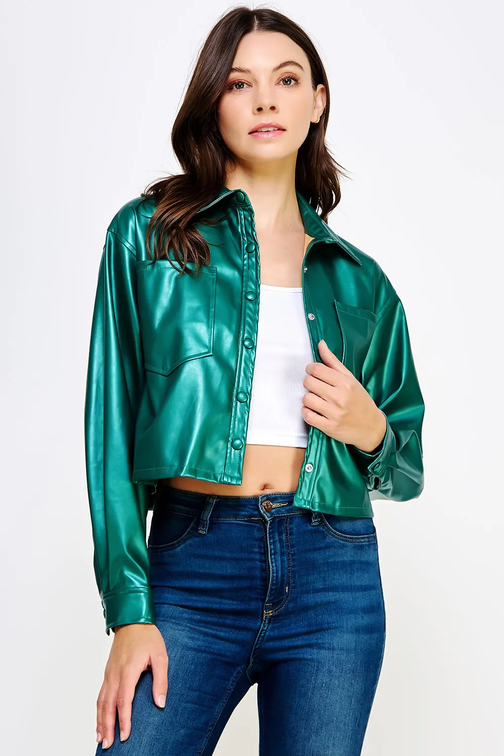 Metallic Teal Cropped Faux Leather Shacket