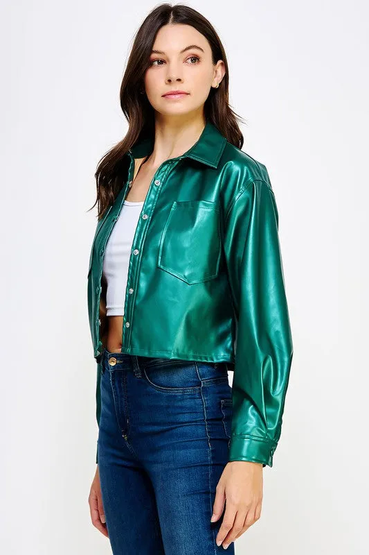 Metallic Teal Cropped Faux Leather Shacket