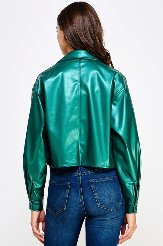 Metallic Teal Cropped Faux Leather Shacket