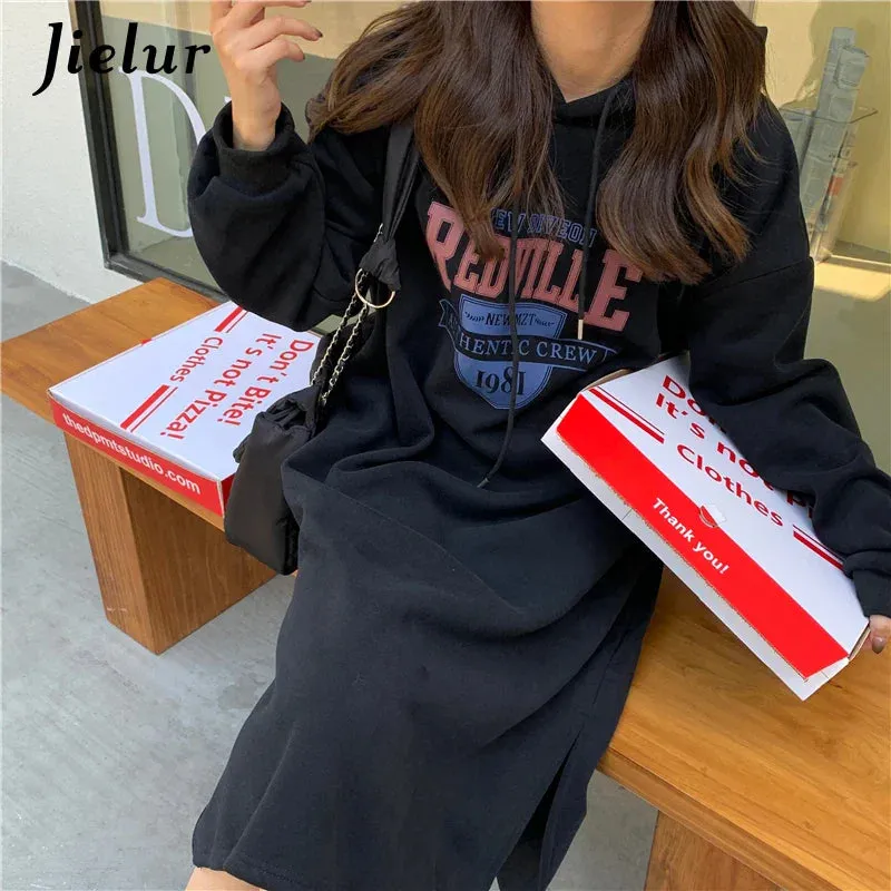 Metaversmall Loose Split Long Sleeve Letter Printed Sweatshirt Women Black Casual Preppy Style Hoodies Gray High Street Clothes Female