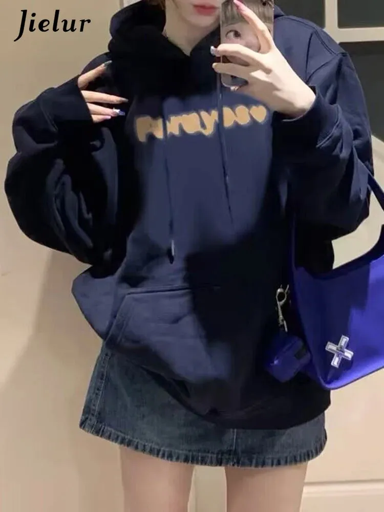 Navy Blue Chicly Hooded Drawstring Loose Female Hoodies Fashion Letter Printing Pocket Basic Simple Casual Women Hoodies