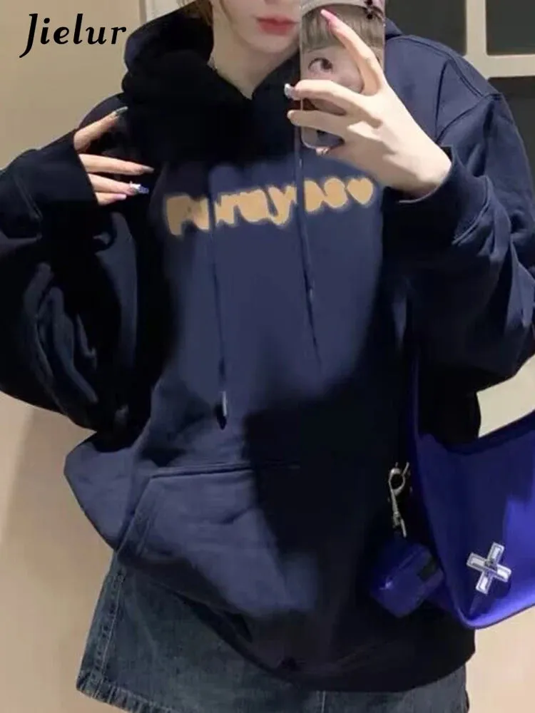 Navy Blue Chicly Hooded Drawstring Loose Female Hoodies Fashion Letter Printing Pocket Basic Simple Casual Women Hoodies