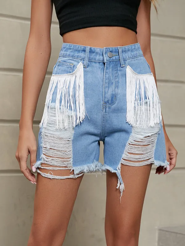 New personality tassel washed denim shorts