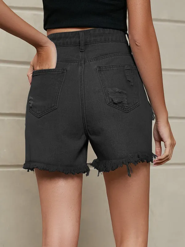 New personality tassel washed denim shorts