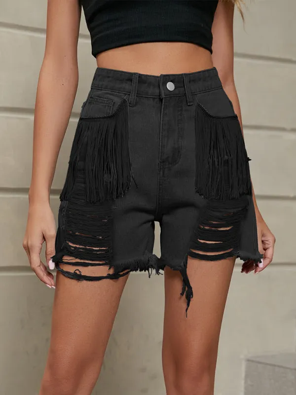 New personality tassel washed denim shorts