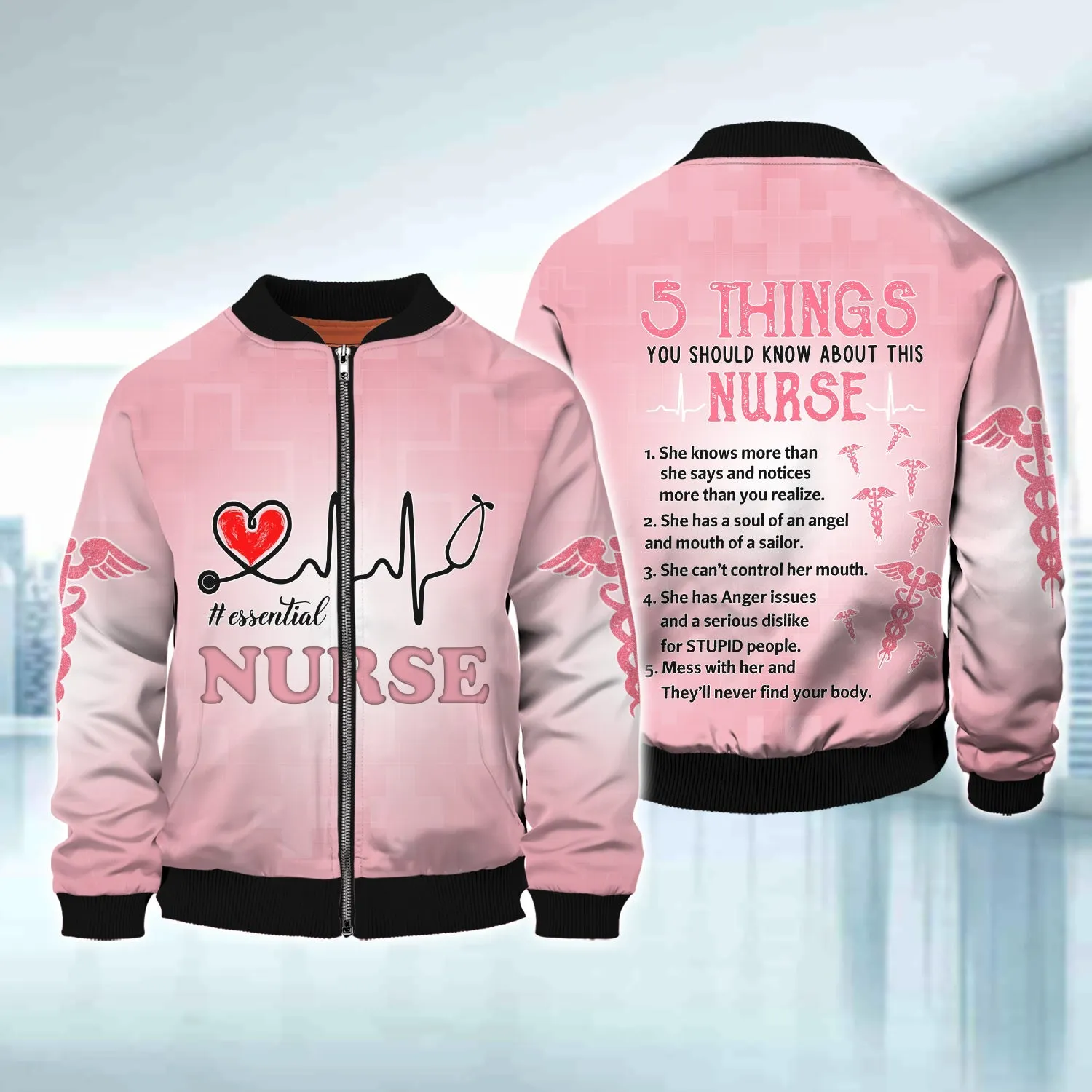 Nurse Essential Heartbeat Pink 3D Sweatshirt Hoodie Bomber, Idea Gift for Nurse Christmas