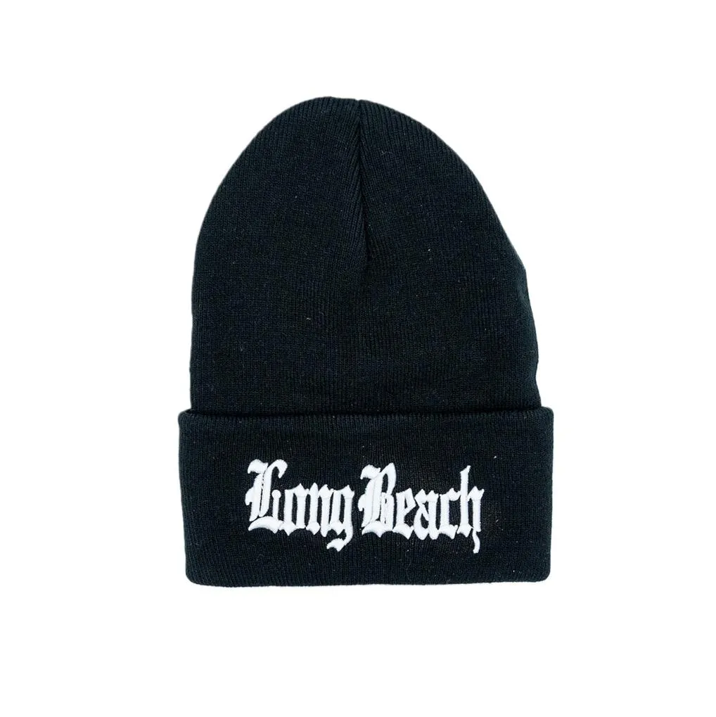 Old English White on Black Long Beanie