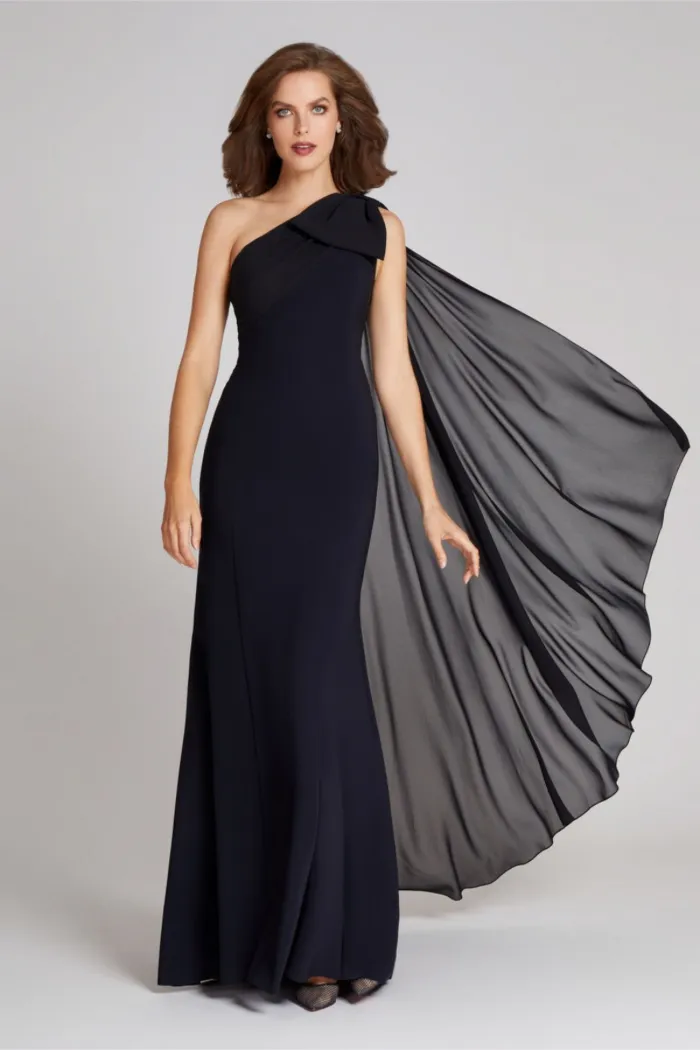 One Shoulder Scuba Gown with Chiffon Cape