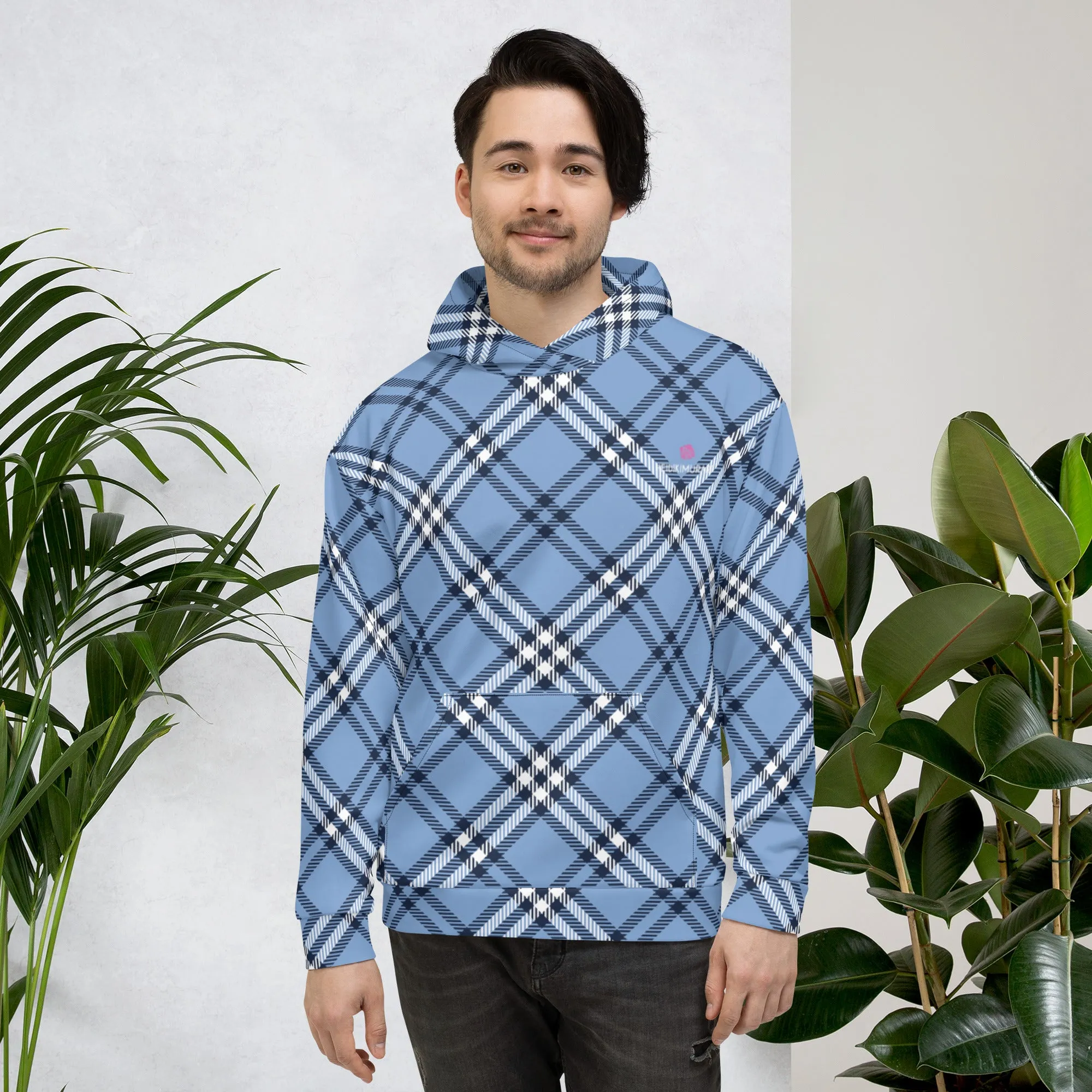 Pastel Blue Plaid Print Hoodie, Plaid Print Unisex Soft Fleece Designer Hoodie- Made in USA/MX/EU